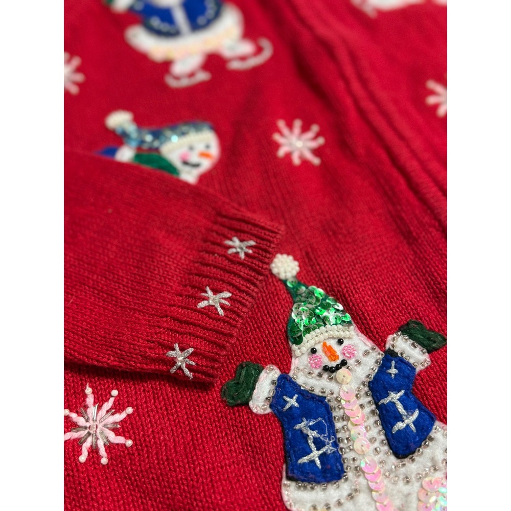 Tiara International Red Christmas Cardigan Snowman Sequin Zip Sweater holiday S - Picture 9 of 9